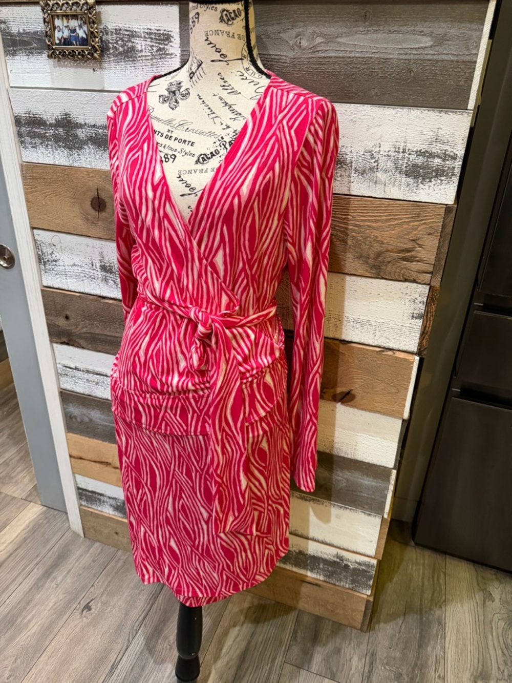 Express Hot Pink and Cream Zebra-Print Wrap Midi Dress